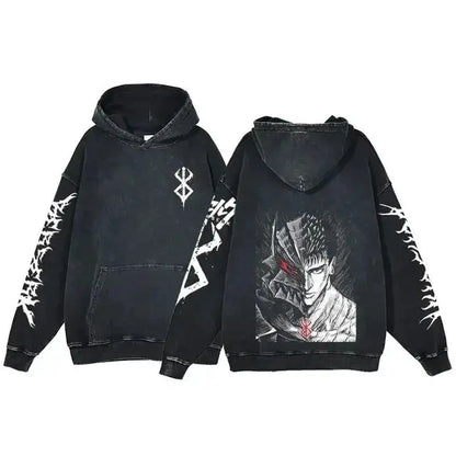 Anime hoodie plus size, gothic Harajuku, manga sweatshirt, washed denim, hip hop vintage, black pullover, Y2K streetwear.