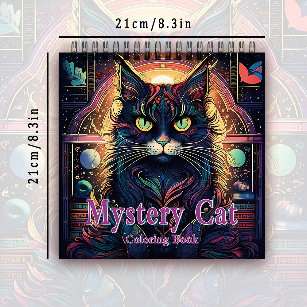 Colorful 'Mystery Cat' coloring book with dimensions on a decorative background. Adult women's spiral coloring book with 30 sheets, 8.3x8.3 inches, ideal gift for birthday or holiday party, creative drawing, UK FTF Market.