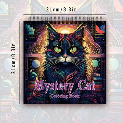 Colorful 'Mystery Cat' coloring book with dimensions on a decorative background. Adult women's spiral coloring book with 30 sheets, 8.3x8.3 inches, ideal gift for birthday or holiday party, creative drawing, UK FTF Market.
