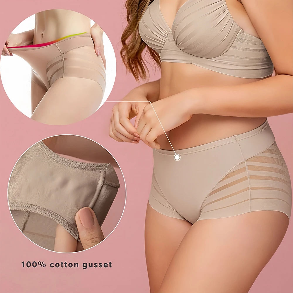 Woman wearing beige shapewear with close-up insets on a pink background