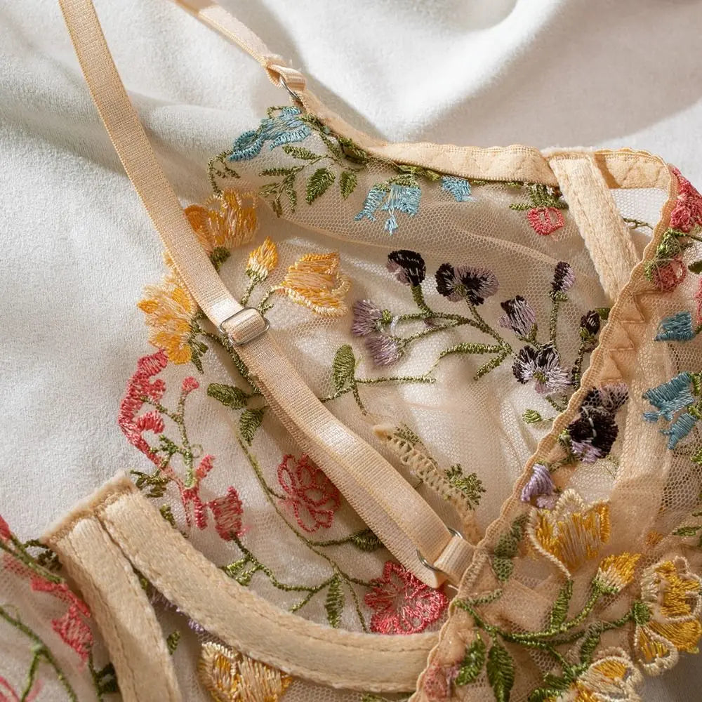 Embroidered fabric with floral patterns on a white background