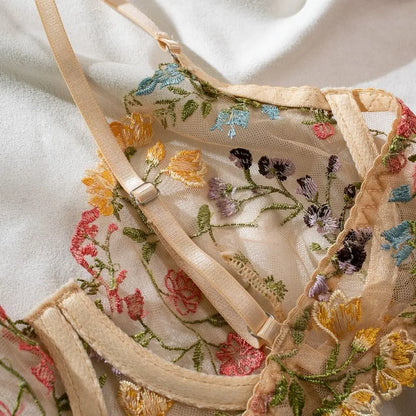 Embroidered fabric with floral patterns on a white background