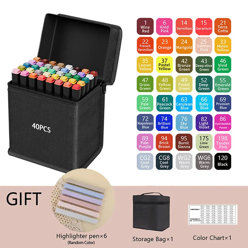 Set of 40 colored markers with a storage bag, highlighter pens, and color chart on a white background. Pro Dual-Tip Alcohol Markers Set featuring fine and chisel tips, vibrant streak-free ink, ergonomic design for artists’ coloring and sketching projects UK.