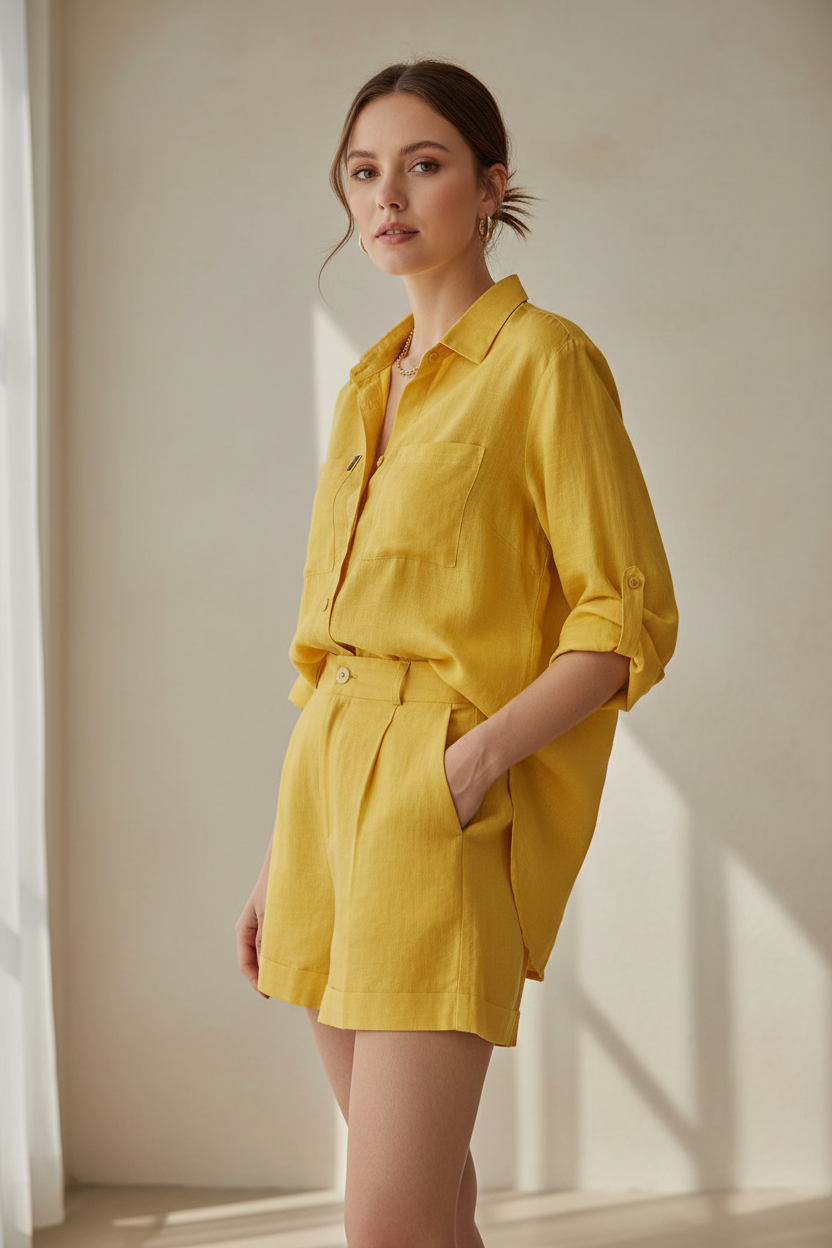 Yellow Linen cotton shirt shorts set womens summer FTF Market UK