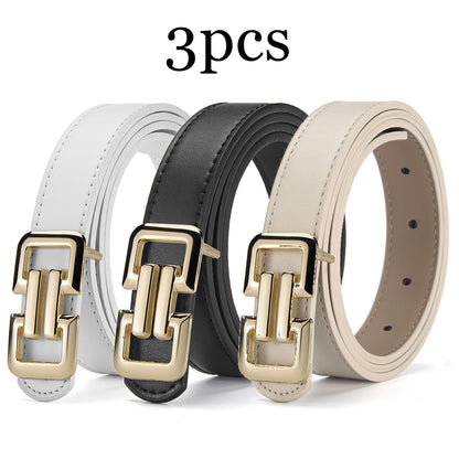 Slim PU leather belt women UK — white black khaki 3-pack smooth buckle — FTF Market