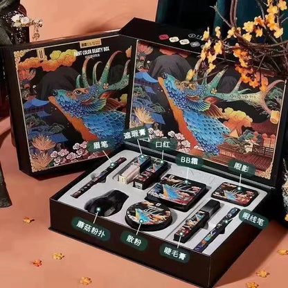 Makeup set with artistic packaging featuring a deer and traditional elements on a pink background. Christmas makeup gift box with BB cream, lipstick, eyeshadow, eyebrow pencil, and brushes. Holiday beauty set for women & girls.