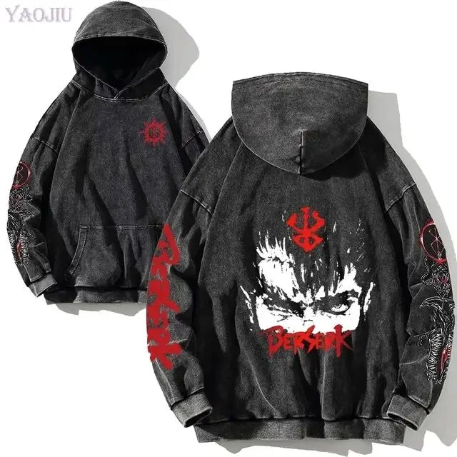 Anime hoodie plus size, gothic Harajuku, manga sweatshirt, washed denim, hip hop vintage, black pullover, Y2K streetwear.