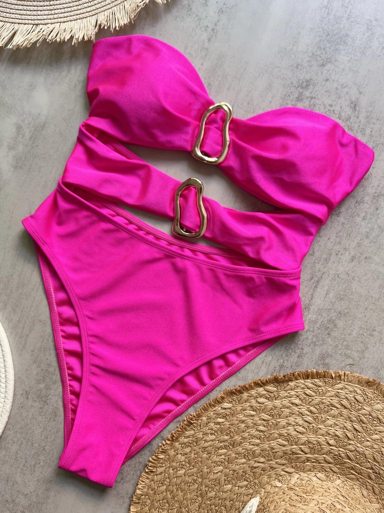Fuchsia sculpting bandeau swimsuit with metal rings – One piece women – FTF Market UK