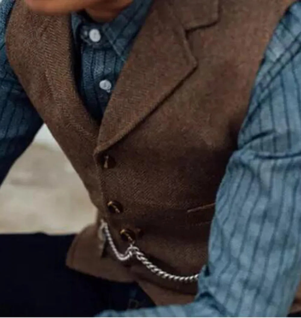 Men's brown herringbone wool vest with V-neck lapel, suitable for casual and formal occasions