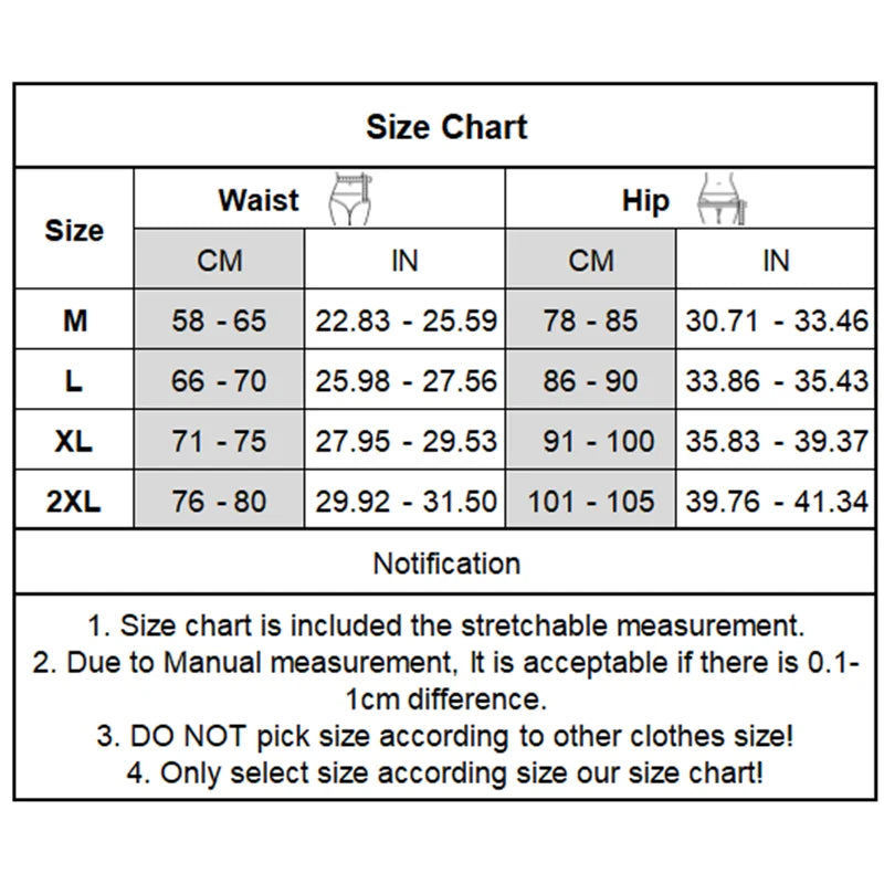 Size chart for waist and hip measurements with corresponding dimensions in centimeters and inches.