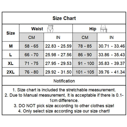Size chart for waist and hip measurements with corresponding dimensions in centimeters and inches.