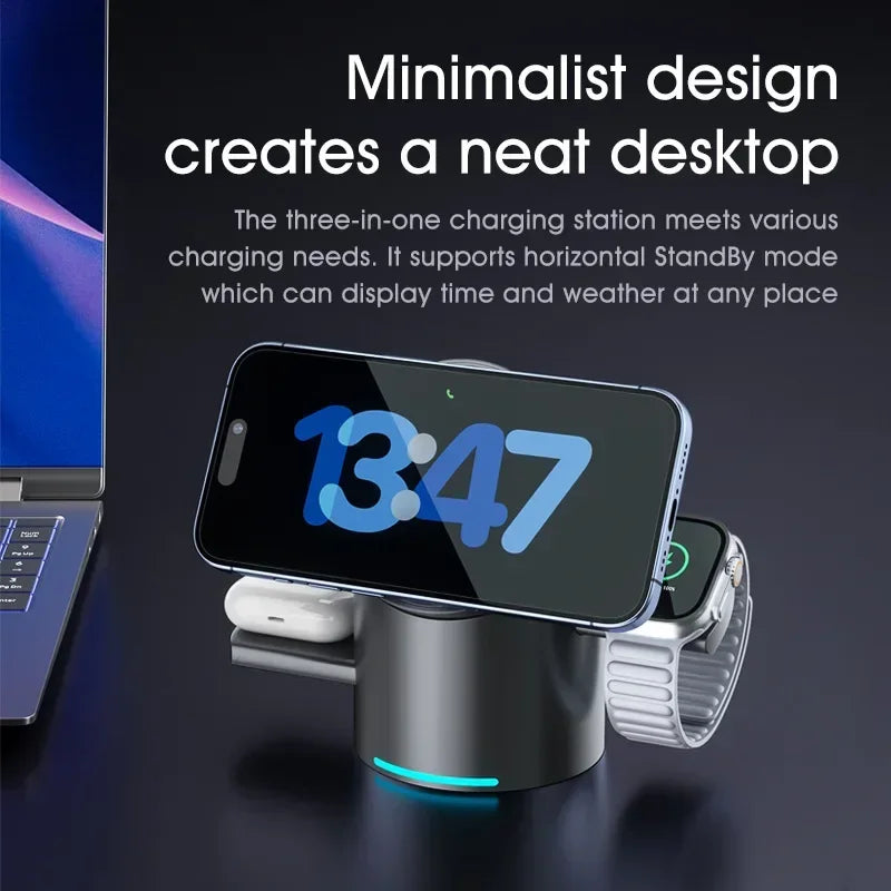 Three-in-one charging station with smartphone, watch, and laptop on a dark background. Qi2 3-in-1 Magsafe charger with 15W fast charging for iPhone, AirPods, Apple Watch. Magnetic, USB-C, intelligent FOD detection, UK shipping.