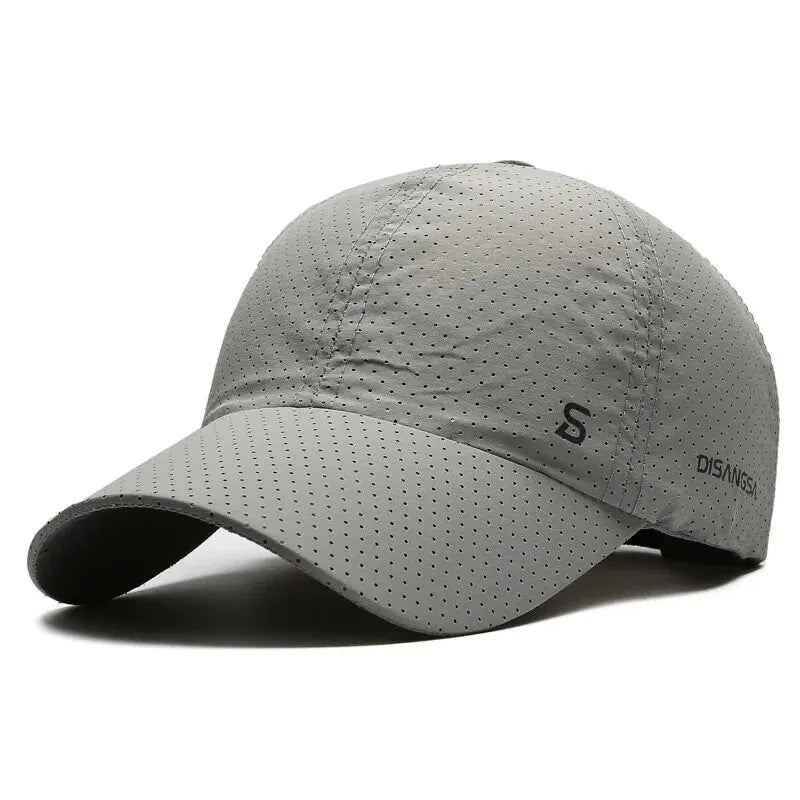Gray baseball cap with perforated design on a white background