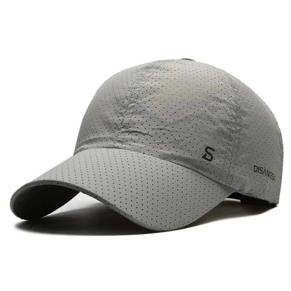 Gray baseball cap with perforated design on a white background