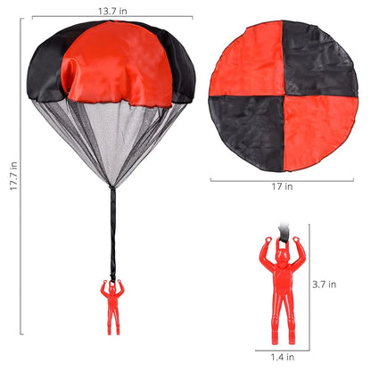 Red and black parachute with measurements on a white background. Colorful outdoor parachute toy for kids, tangle-free design. Durable plastic, unisex gift idea for boys and girls. UK delivery ftf fashion.