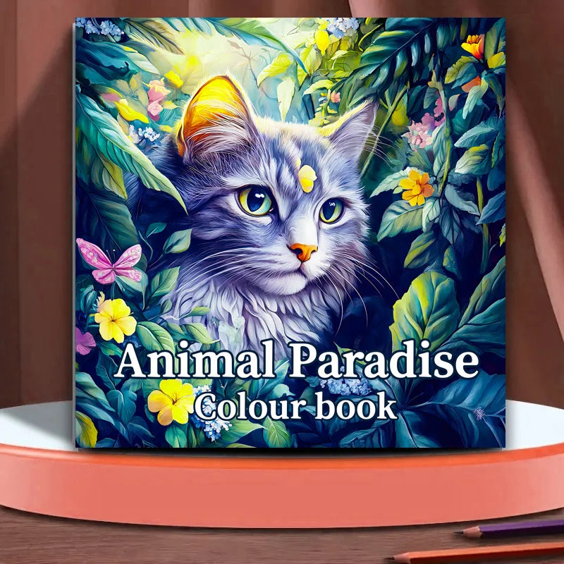 Color book titled 'Animal Paradise' with a cat illustration on a floral background. Animal Paradise adult coloring book featuring therapeutic art, cute cats, floral designs for relaxation, FTF Market UK.