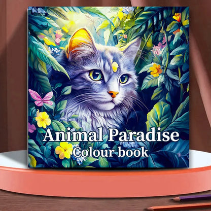 Color book titled 'Animal Paradise' with a cat illustration on a floral background. Animal Paradise adult coloring book featuring therapeutic art, cute cats, floral designs for relaxation, FTF Market UK.