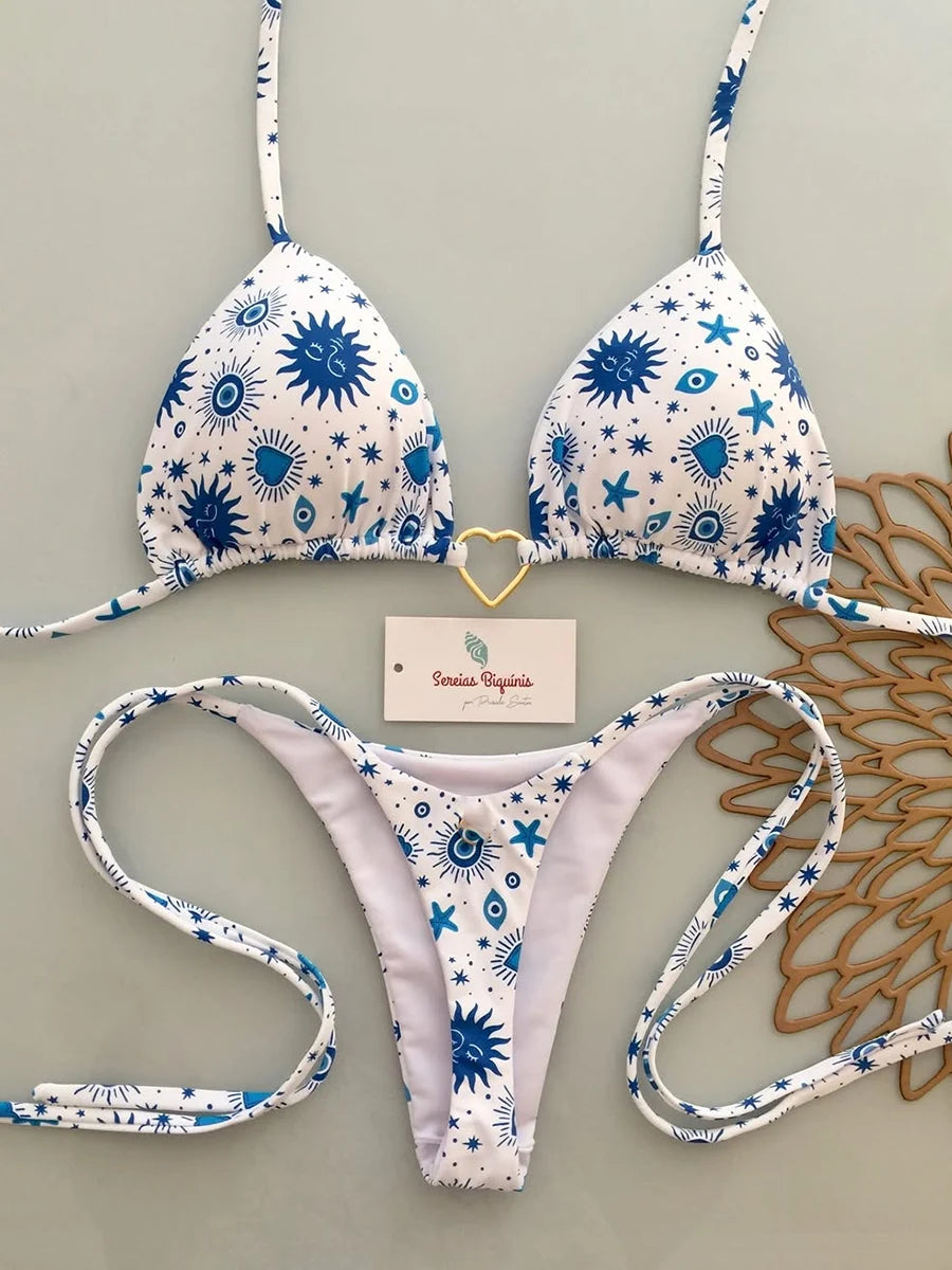 Floral print micro bikini set halter top — Brazilian thong beach swimwear women