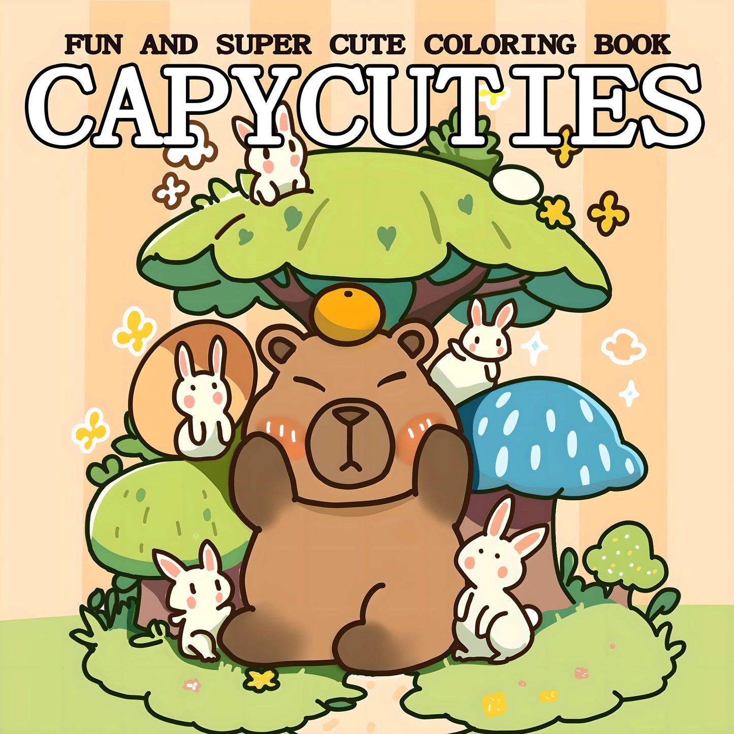 Cover of 'Capycuties' coloring book with a bear and rabbits in a forest setting. The Capycuties coloring book is perfect for beginners and pros alike. With simple, adorable patterns, it's a great way to relieve stress and have fun.