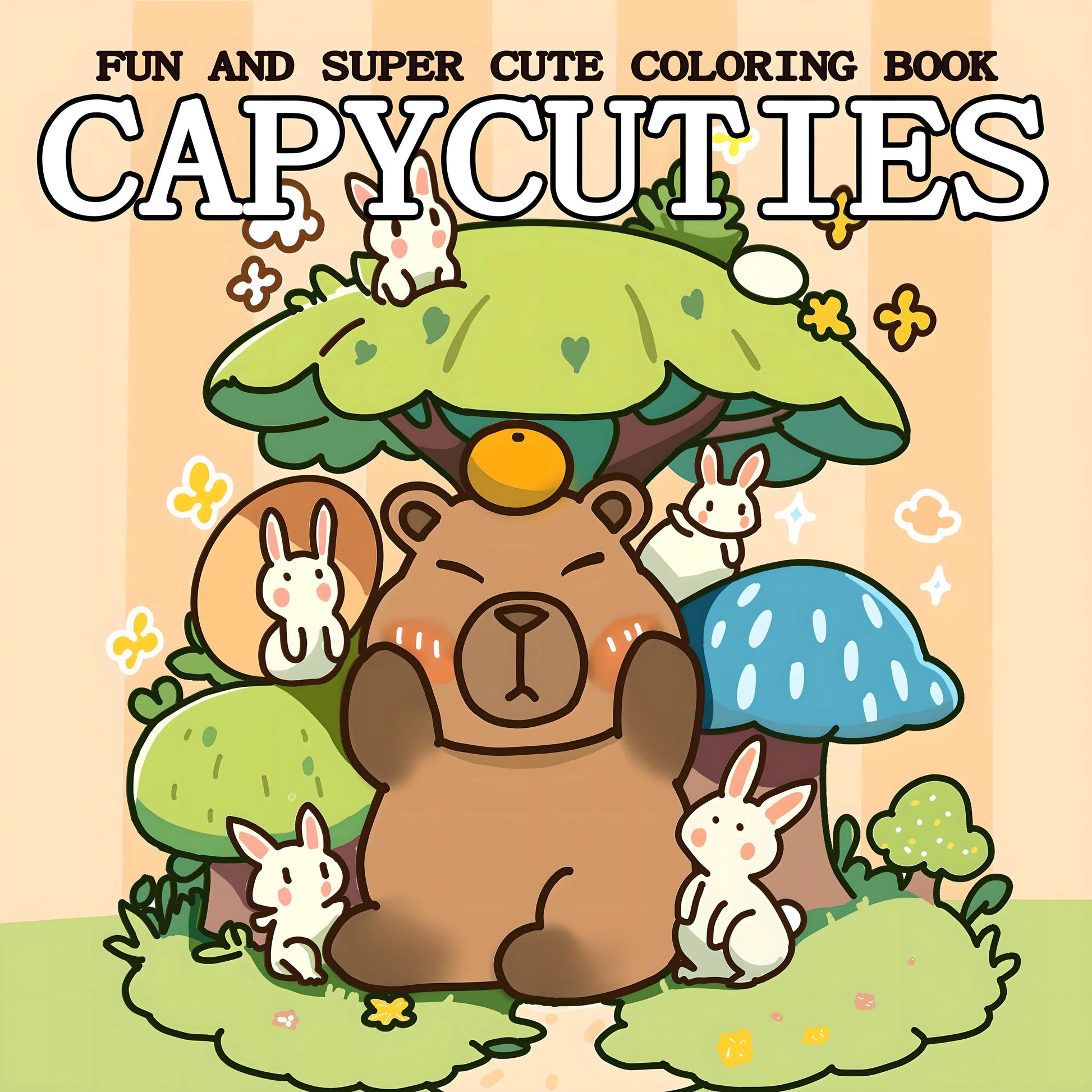 Cover of 'Capycuties' coloring book with a bear and rabbits in a forest setting. The Capycuties coloring book is perfect for beginners and pros alike. With simple, adorable patterns, it's a great way to relieve stress and have fun.