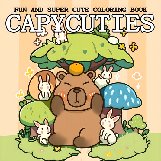 Cover of 'Capycuties' coloring book with a bear and rabbits in a forest setting. The Capycuties coloring book is perfect for beginners and pros alike. With simple, adorable patterns, it's a great way to relieve stress and have fun.