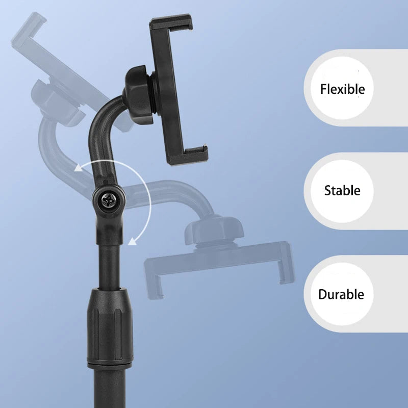 Black adjustable stand with flexible, stable, and durable features on a blue background. Aluminum alloy desktop tripod phone holder stand bracket for iPhone & smartphones. Portable stable tripod perfect for photography, video, live calls.