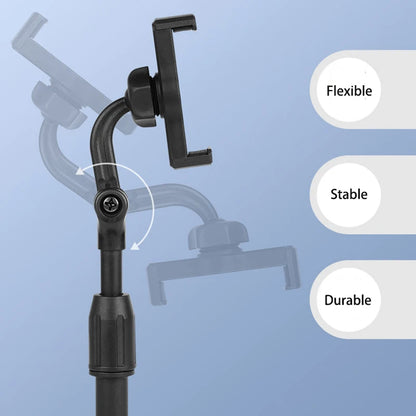 Black adjustable stand with flexible, stable, and durable features on a blue background. Aluminum alloy desktop tripod phone holder stand bracket for iPhone & smartphones. Portable stable tripod perfect for photography, video, live calls.