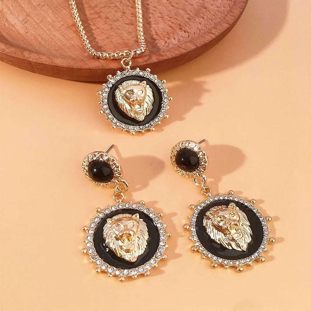 Classic Retro Lion Head Necklace and Earrings Set