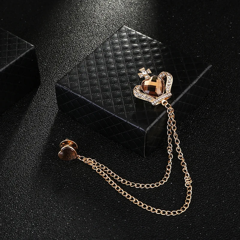 Elegant rhinestone lapel pins for men and women. Tassel, crown, floral pins for suits, collars, weddings, parties. Zinc alloy metal, classic style.