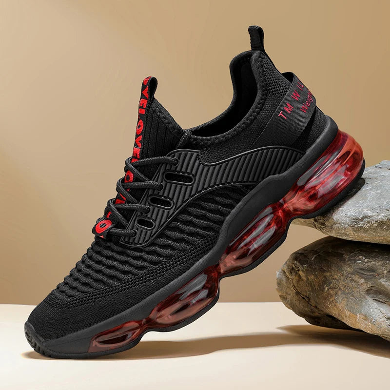 Black sneaker with red sole on a beige background