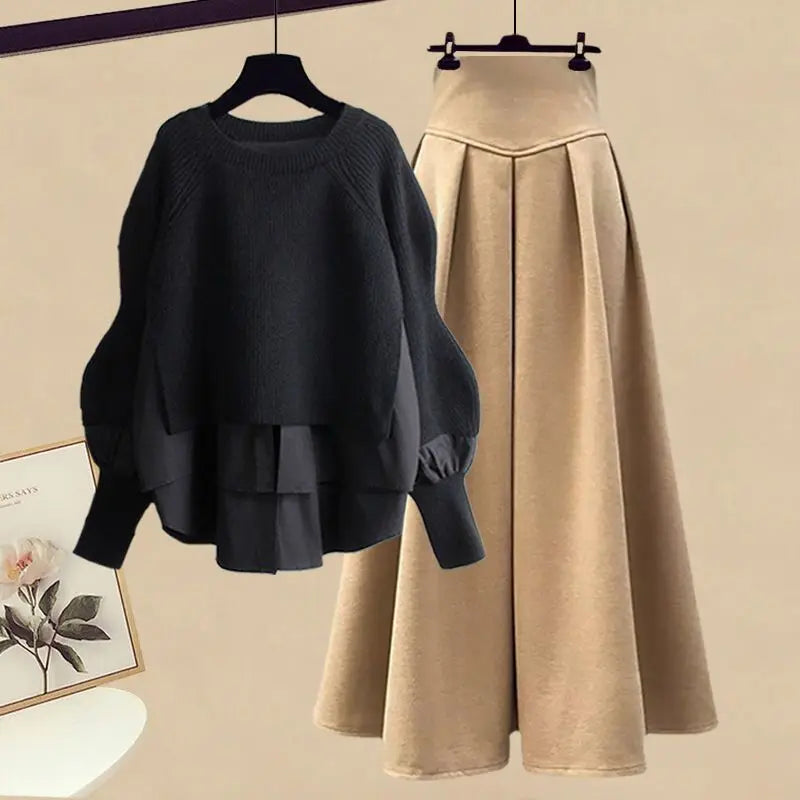 Elegant Splice Knitted Sweater Dress Set – Chic two-piece design, knitted sweater, matching skirt, stylish splice pattern. Perfect for casual and formal wear. Available on FTFmarket.net, fast delivery in the UK. Stay stylish with FTF Fashion and Mode FTF.