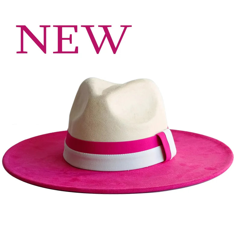 White hat with pink brim and band on a white background with 'NEW' text.