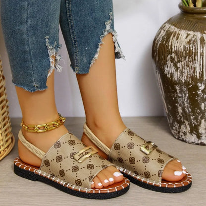 Women's khaki printed flat sandals UK — gold buckle, floral print, open toe, slingback