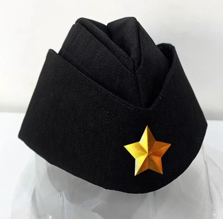 Black headband with a gold star on a white background