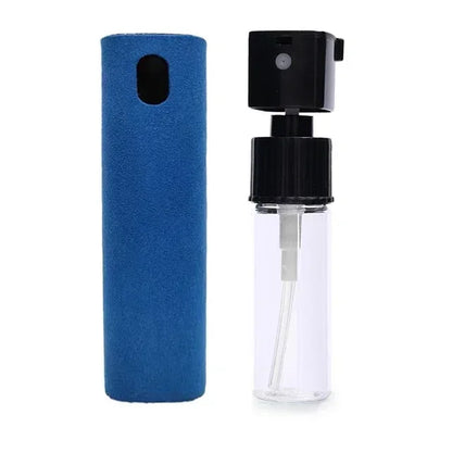 Clear spray bottle with black cap and blue sleeve on a white background. 4in1 microfiber screen cleaner spray with cloth for phones, tablets, computers, glasses. Portable, streak-free, safe for all screens, UK FTF Market.