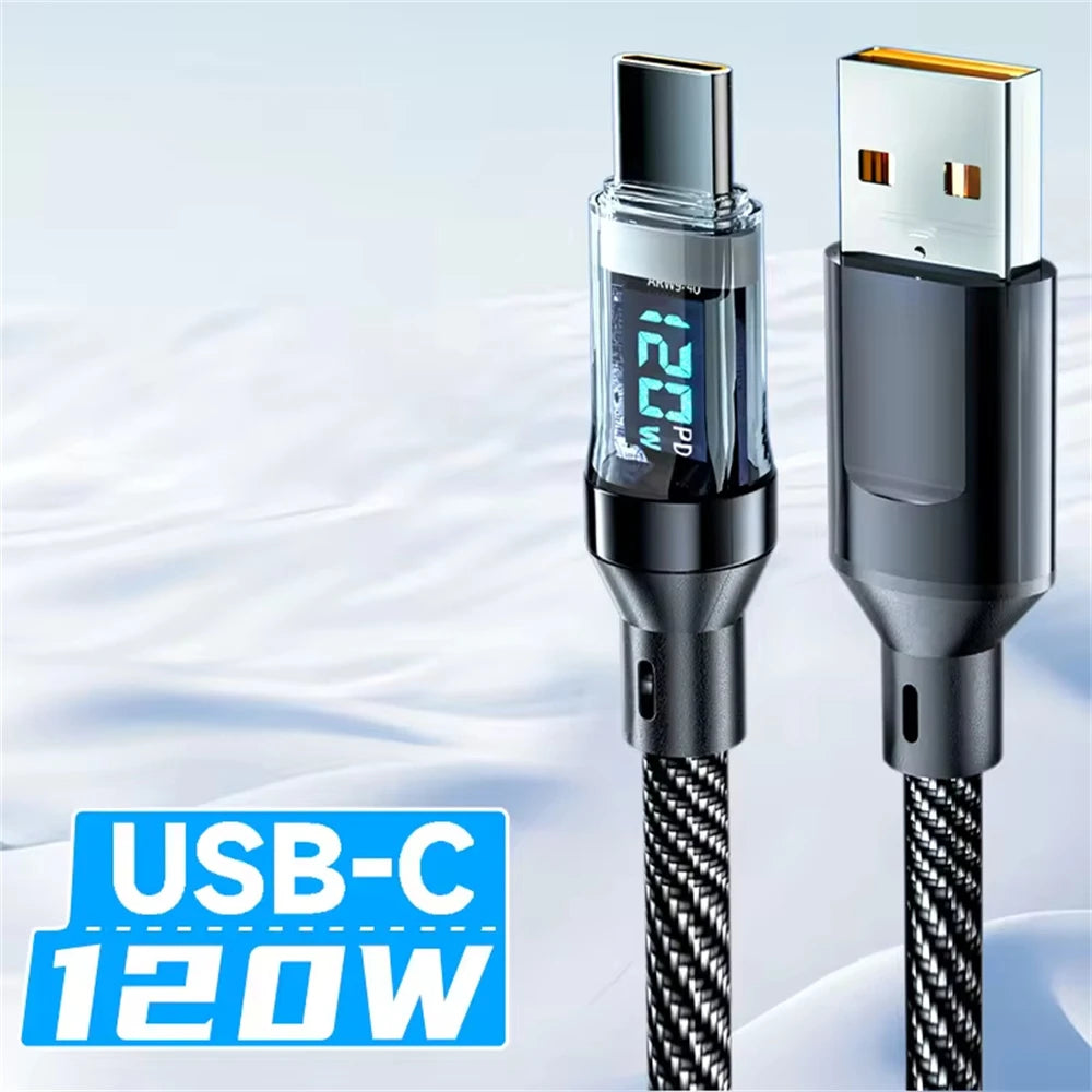 Braided 120W USB-C to USB-C fast charging cable with live LED digital power display