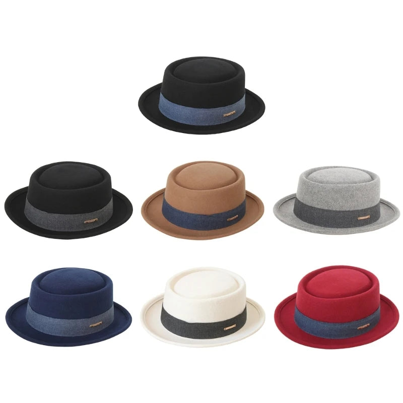 Set of eight hats in various colors with a band on a white background. Fedora hat polyester unisex carnival mask, gentleman style, costume accessory, roll trim hat for party and carnival events.