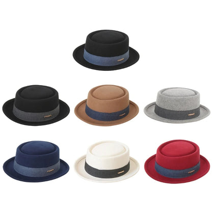 Set of eight hats in various colors with a band on a white background. Fedora hat polyester unisex carnival mask, gentleman style, costume accessory, roll trim hat for party and carnival events.