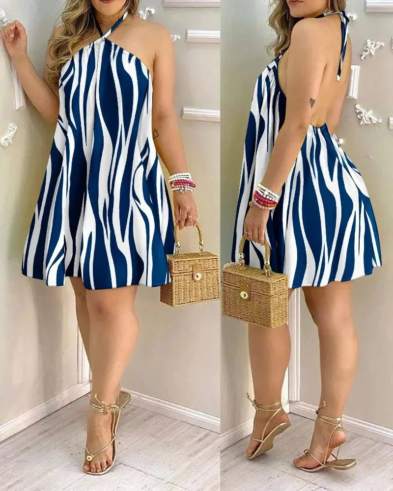 Women's tropical print halter neck backless dress for spring and summer vacation style