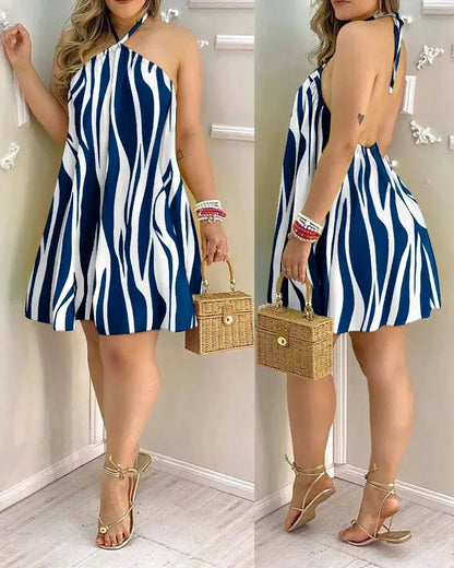 Women's tropical print halter neck backless dress for spring and summer vacation style