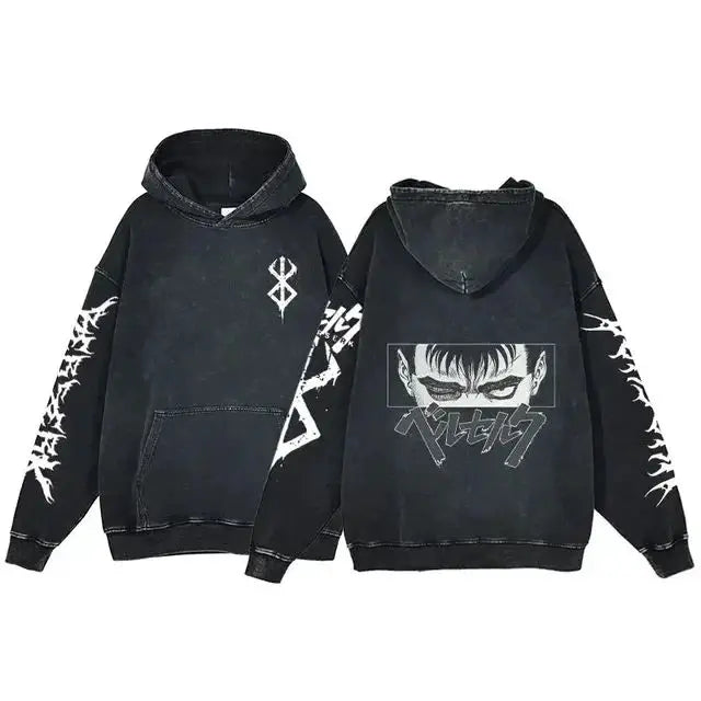 Anime hoodie plus size, gothic Harajuku, manga sweatshirt, washed denim, hip hop vintage, black pullover, Y2K streetwear.