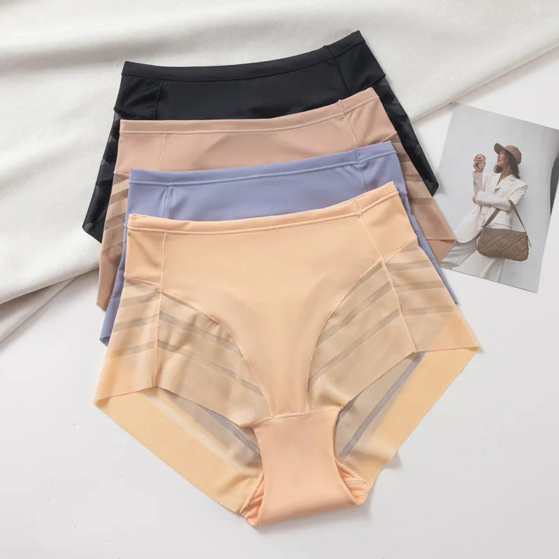 Three pairs of women's underwear in black, beige, and purple on a light background.