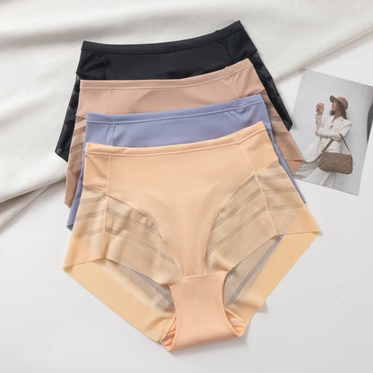 Three pairs of women's underwear in black, beige, and purple on a light background.