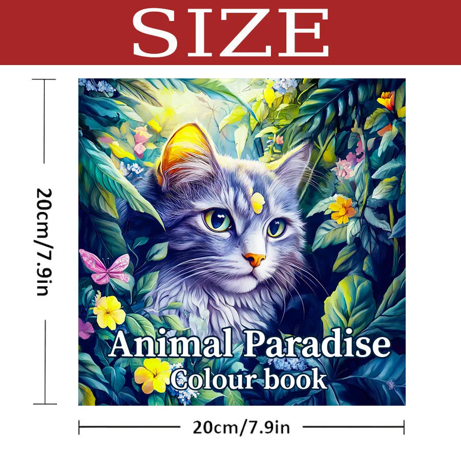 Color book cover with a cat illustration and size dimensions. Animal Paradise adult coloring book featuring therapeutic art, cute cats, floral designs for relaxation, FTF Market UK.