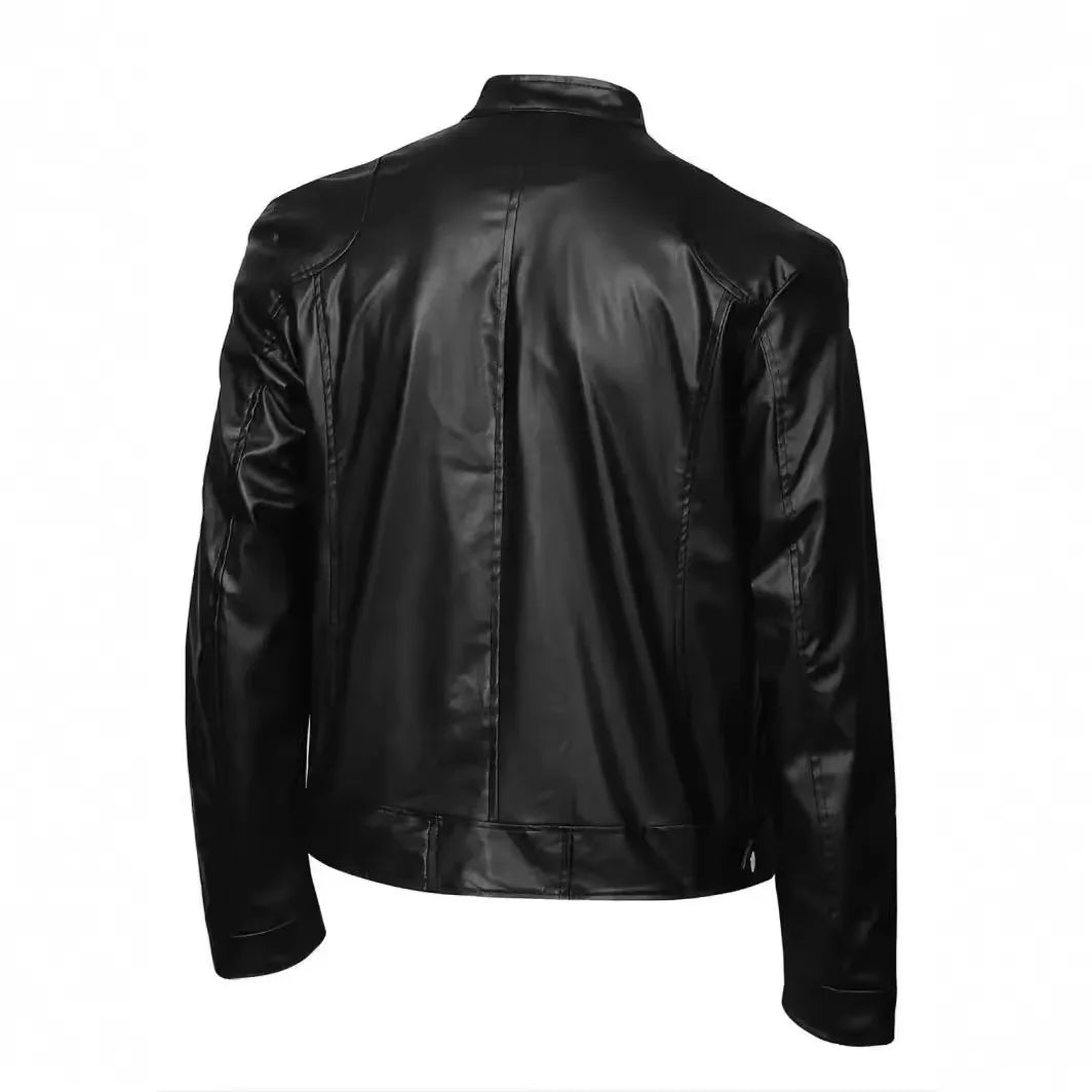 Black leather jacket on a white background. Men’s slim fit motorcycle jacket in PU leather, stand collar, zip closure, pockets, thin design, black, casual punk UK outerwear, S–5XL.