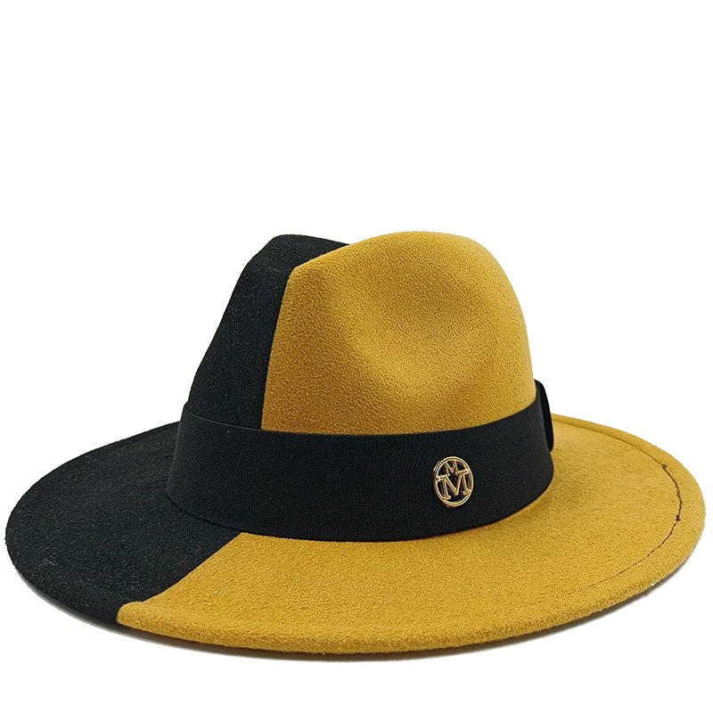 Yellow and black fedora hat with a logo on a white background. Unisex double fedora hat, dual color gradient tie-dye, casual jazz style, cotton-polyester mix, suitable for outdoor autumn and spring.
