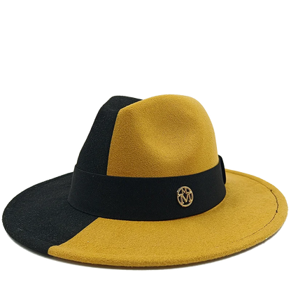 Yellow and black fedora hat with a logo on a white background. Unisex double fedora hat, dual color gradient tie-dye, casual jazz style, cotton-polyester mix, suitable for outdoor autumn and spring.