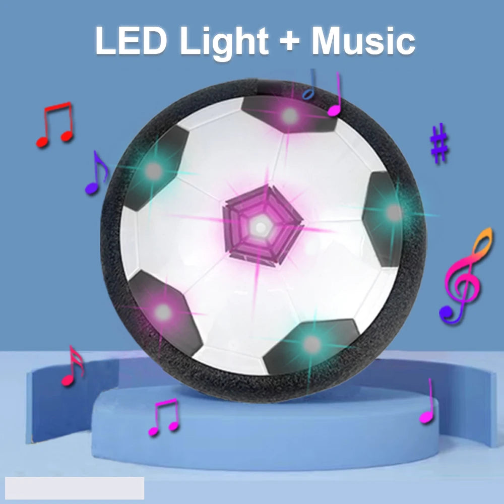 Toy ball with LED lights and music on a blue background. LED hover soccer ball toy, safe electric floating football for kids. Music, unisex, gift idea, indoor/outdoor, UK delivery ftf fashion.
