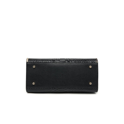 Black wallet with gold accents on a white background. Elegant black genuine leather business shoulder bag for women. Spacious, soft, secure zipper closure. Stylish tote for work, travel or everyday use – UK FTF.