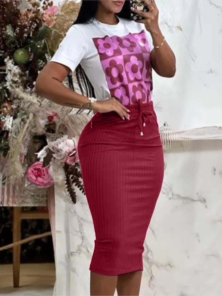 Close-up of printed pattern on short sleeve top